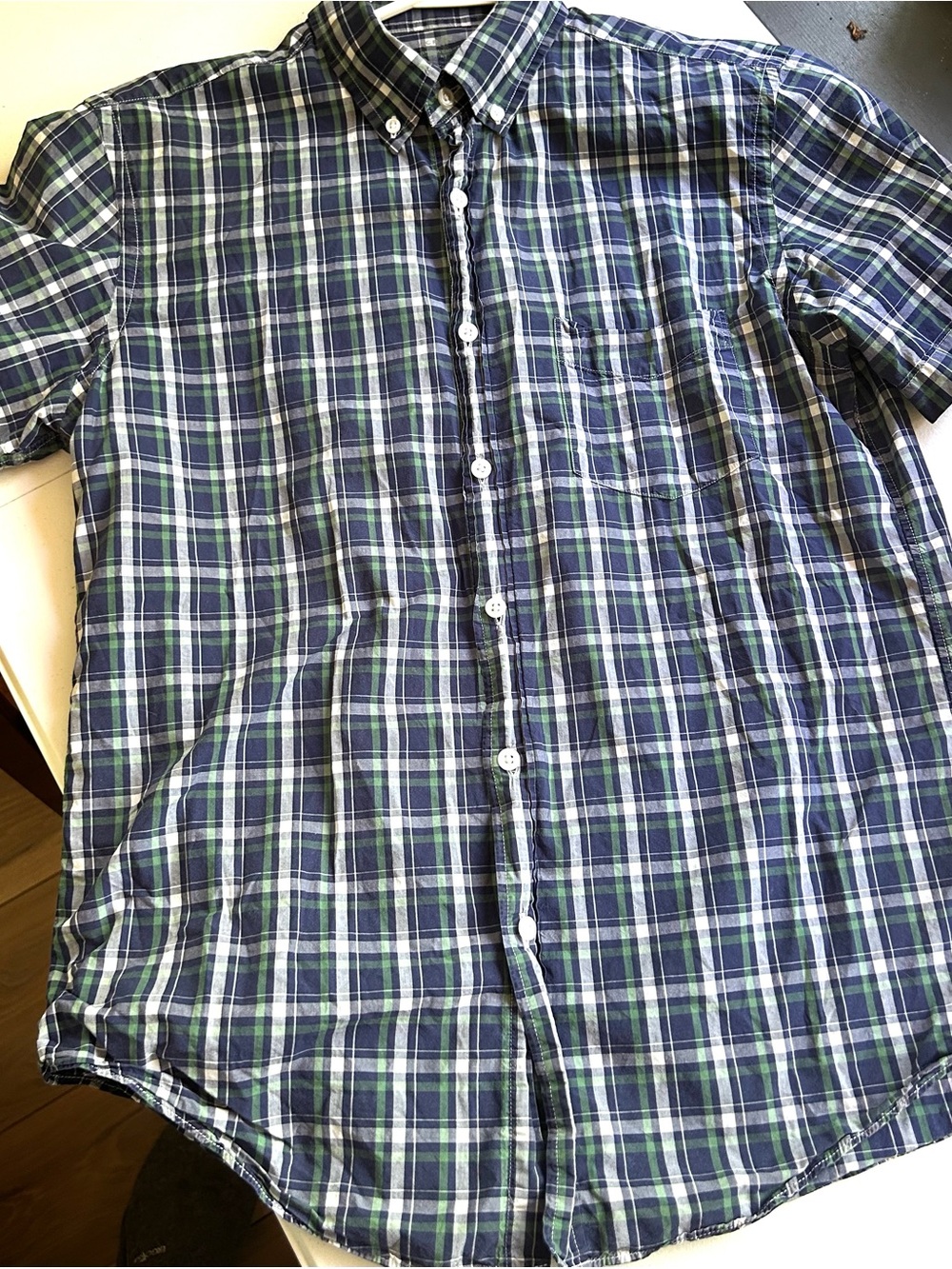 J. Crew Men’s Short-Sleeve Plaid Button-Down Shirt in Navy, Green, and White